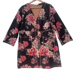 Anthropology Solitaire Brown Floral Long Cardigan Kimono with Pockets Sz Large